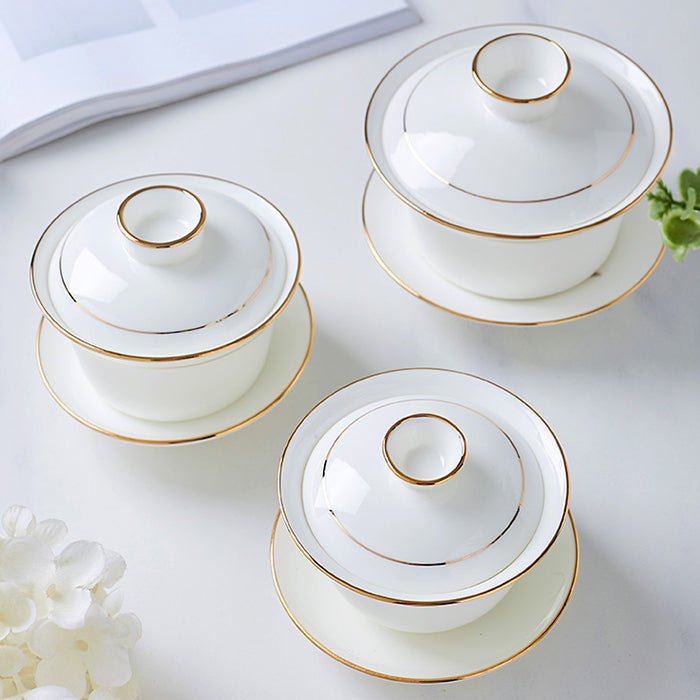 Bone China Gaiwan - White with Gold Rim
