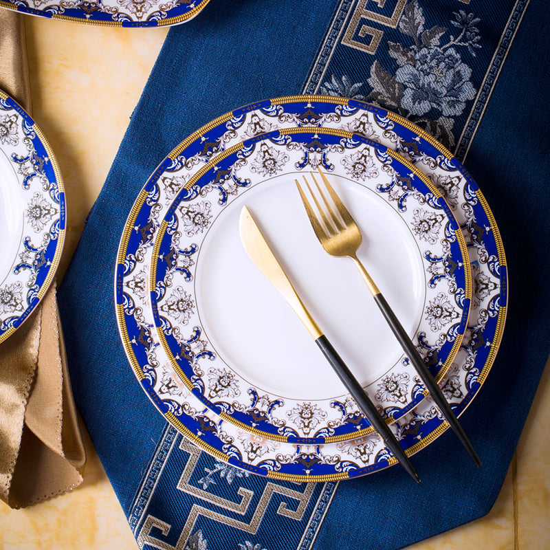 Bone China Dinnerware Set - Gold Inlay of Decorative Motif in Blue