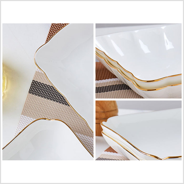 Bone China Square Plate with Gold Rim - Scallop or Ribbed Edge