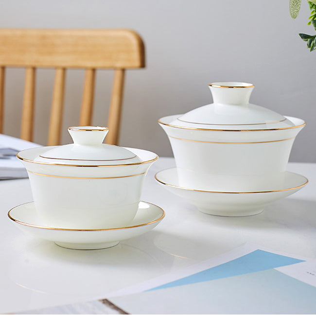 Bone China Gaiwan - White with Gold Rim