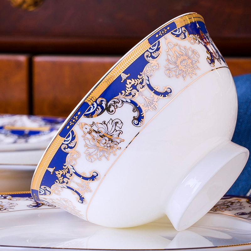 Bone China Dinnerware Set - Gold Inlay of Decorative Motif in Blue
