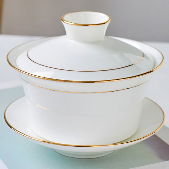Bone China Gaiwan - White with Gold Rim