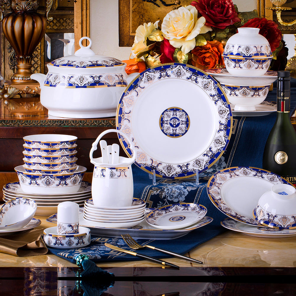 Bone China Dinnerware Set Gold Inlay of Decorative Motif in Blue