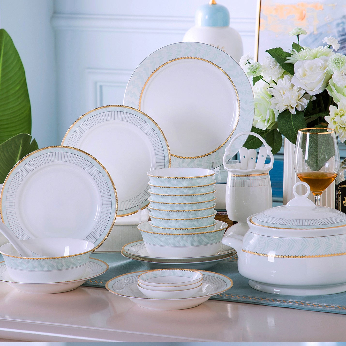 Bone China Dinnerware Set Decorative Rim with Pattern in Pale