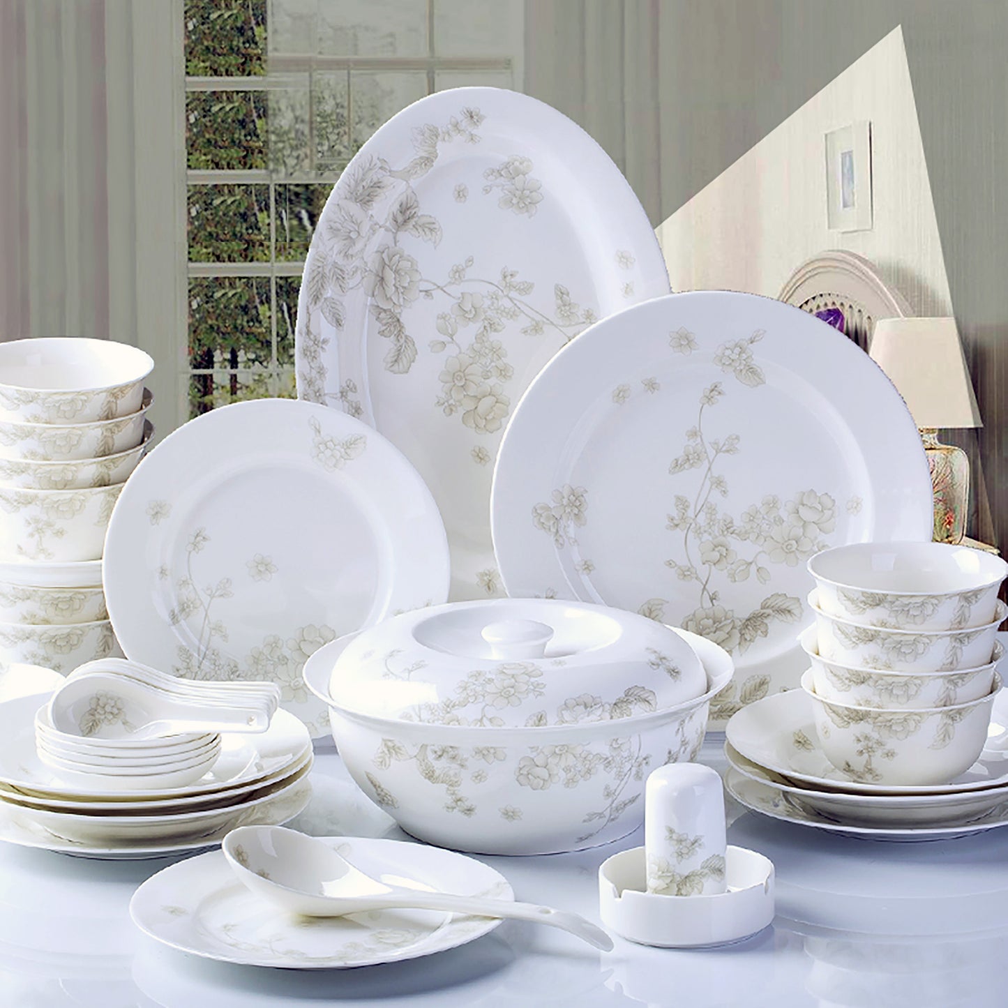 Bone China Dinnerware Set - Floral Motif in Pale Tone