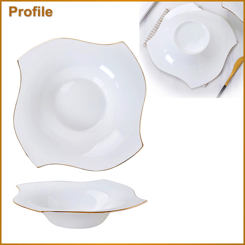 Bone China Deep Plate - Pinwheel Shaped with Concave Circle