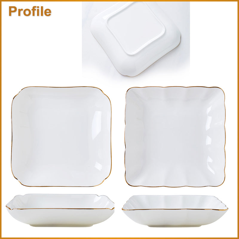 Bone China Square Plate with Gold Rim - Scallop or Ribbed Edge