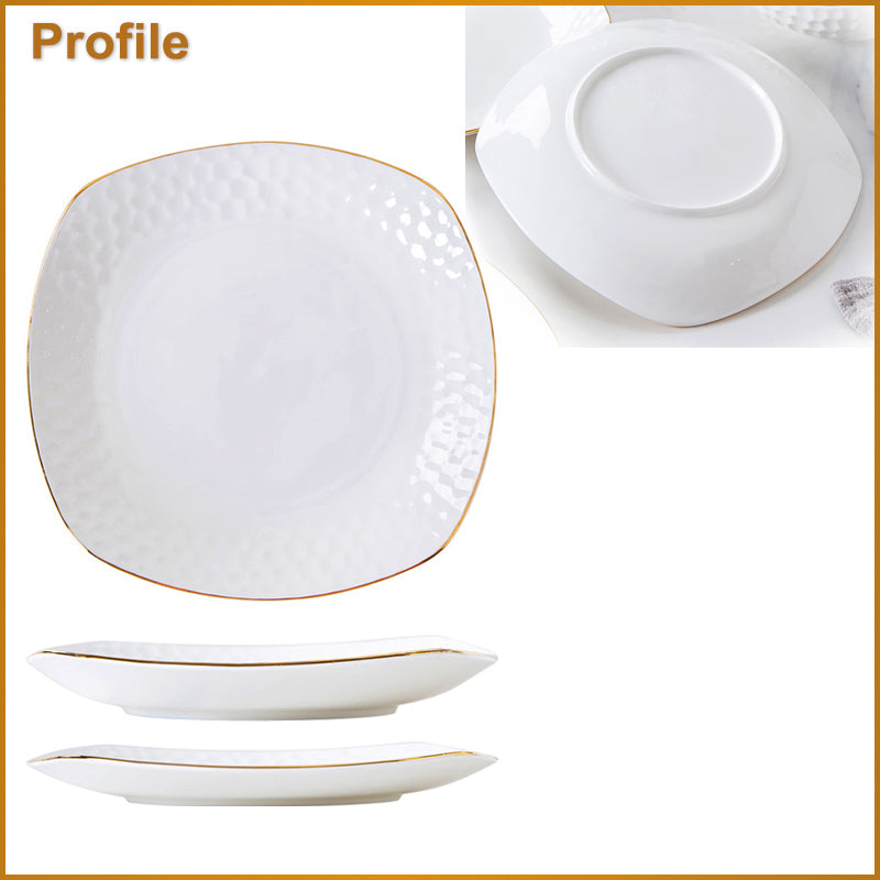 Bone China Square Plate - Golf Shaped Edge with Gold Rim