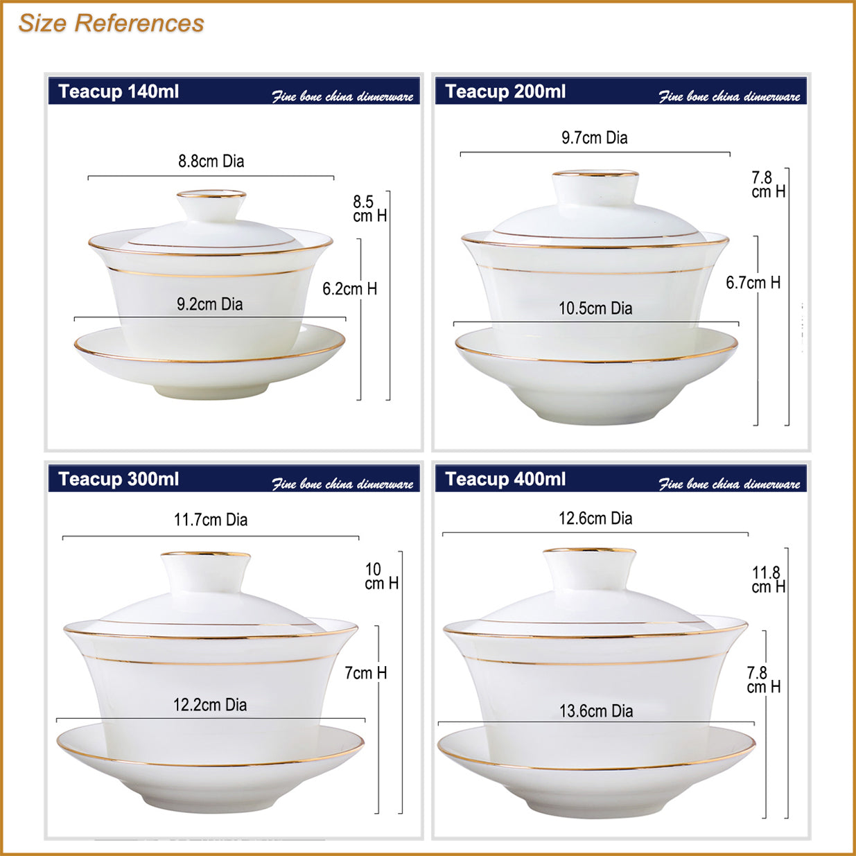 Bone China Gaiwan - White with Gold Rim