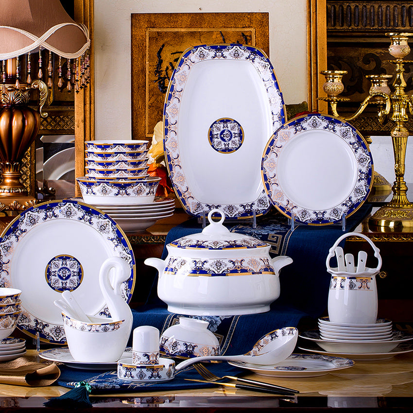 Bone China Dinnerware Set - Gold Inlay of Decorative Motif in Blue