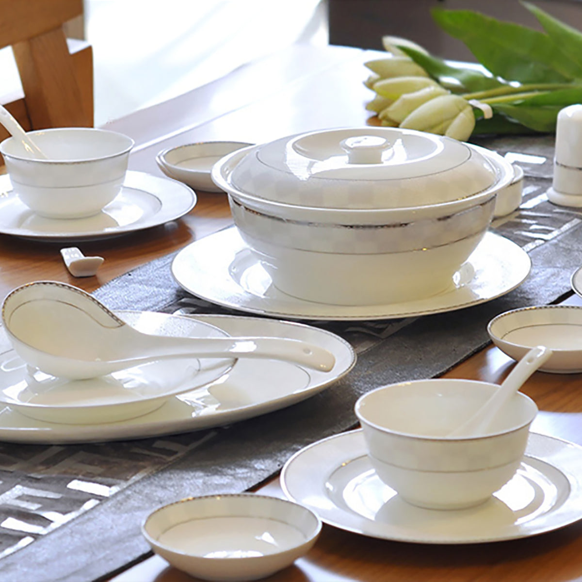 Bone China Dinnerware Set - Silver Decorative Rim & Pale Pattern