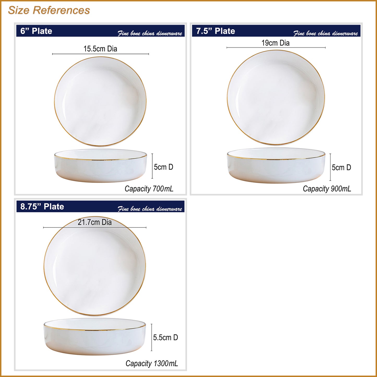 Bone China Dinnerware - Round Plate with Gold Rim