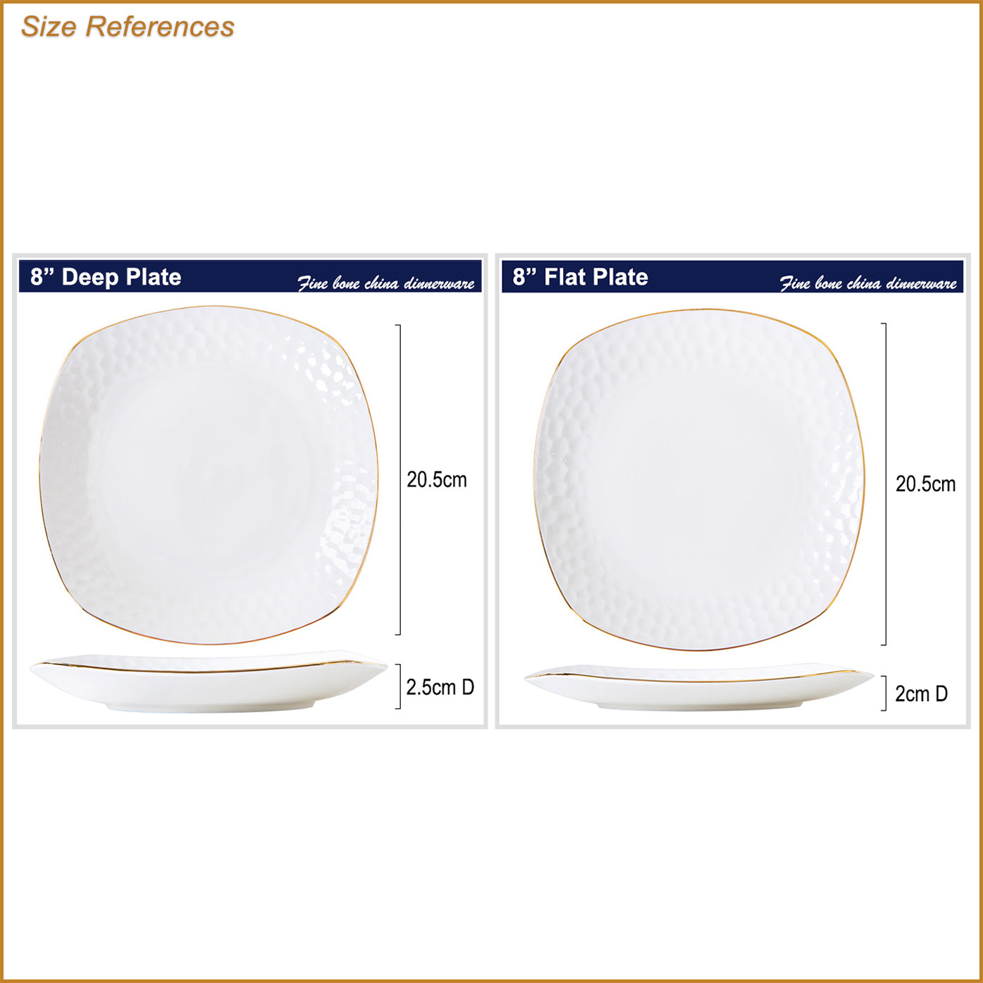 Bone China Square Plate - Golf Shaped Edge with Gold Rim