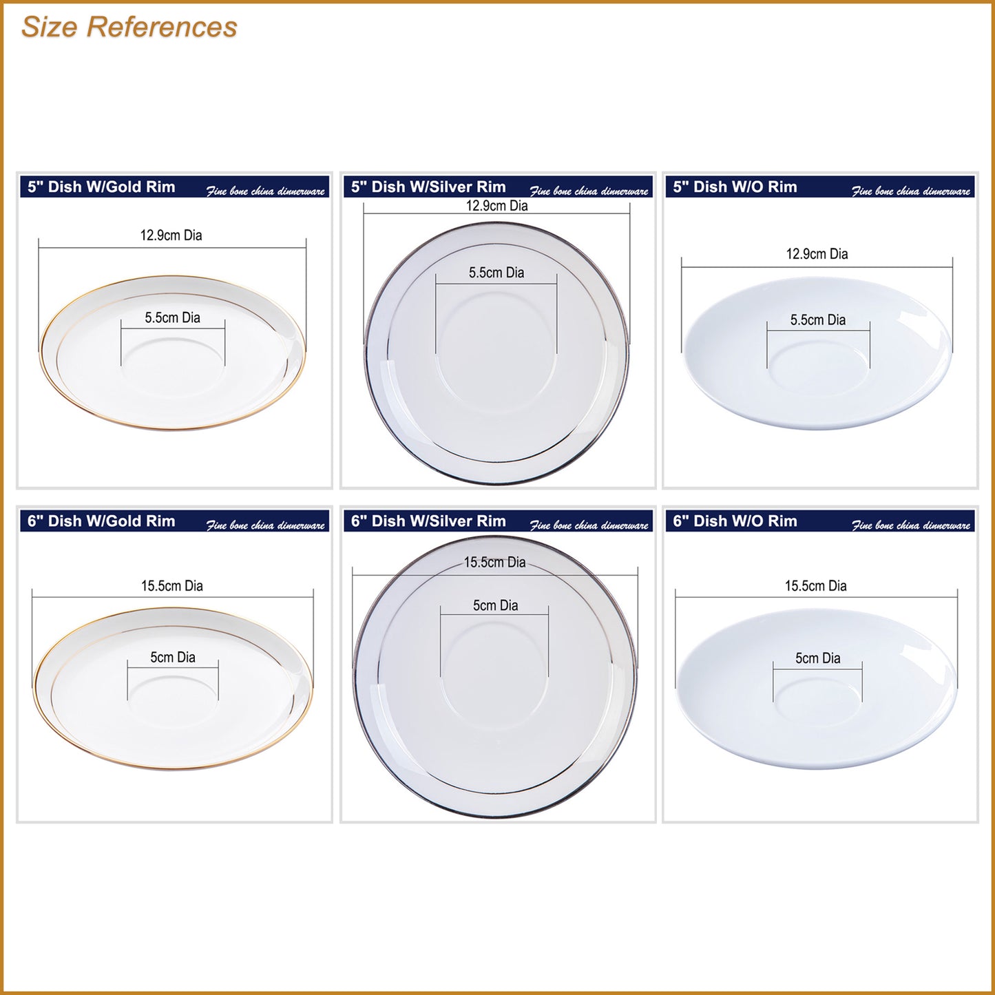 Bone China Sauce Dish - with Options of Gold Rim, Silver Rim or without Rim