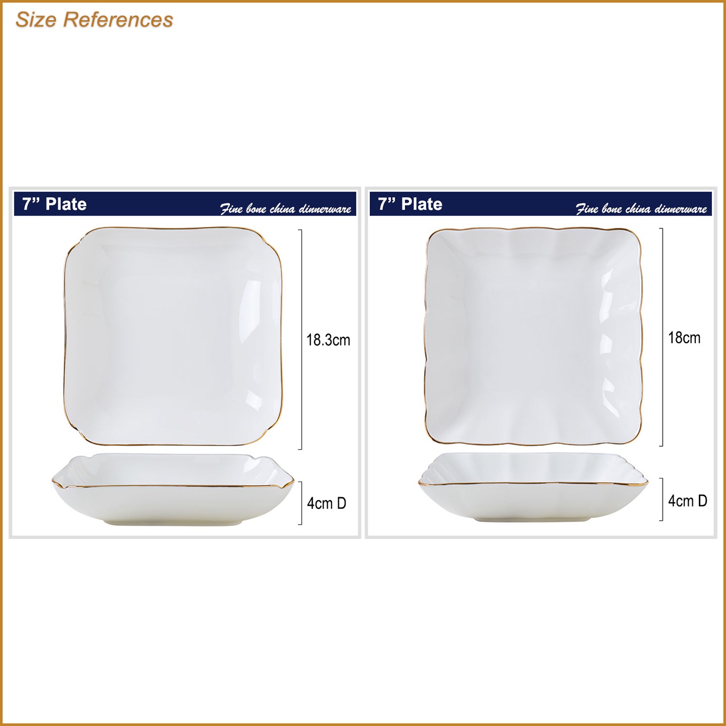 Bone China Square Plate with Gold Rim - Scallop or Ribbed Edge