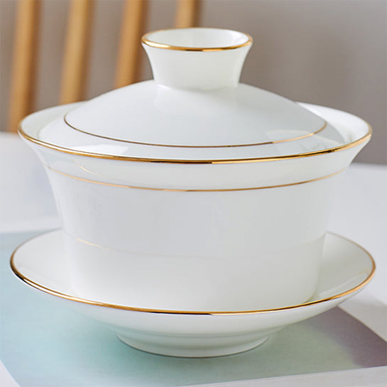 Bone China Gaiwan - White with Gold Rim