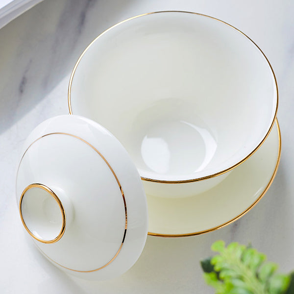Bone China Gaiwan - White with Gold Rim