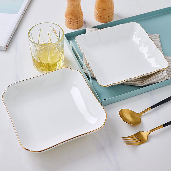 Bone China Square Plate with Gold Rim - Scallop or Ribbed Edge