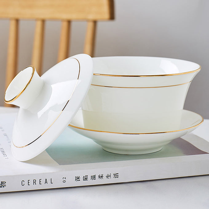 Bone China Gaiwan - White with Gold Rim