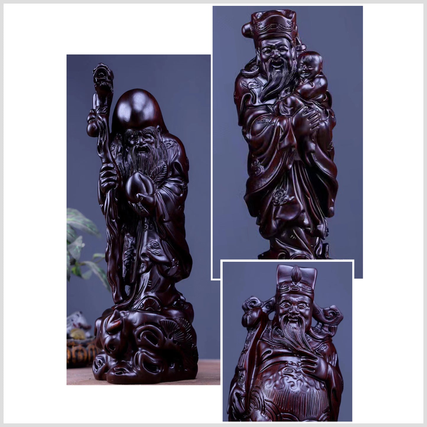 Set of 3 Wood Engraved Figurines - Table Decor for Living Room