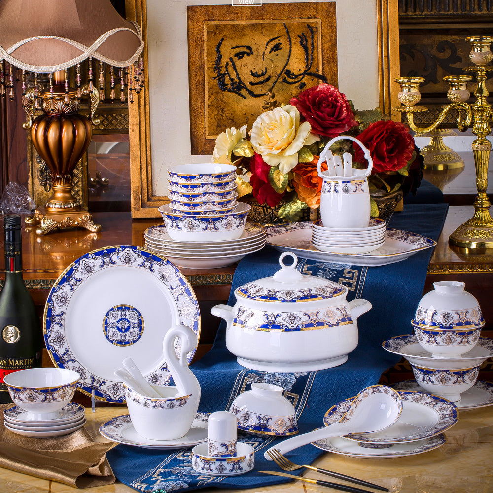 Bone China Dinnerware Set - Gold Inlay of Decorative Motif in Blue