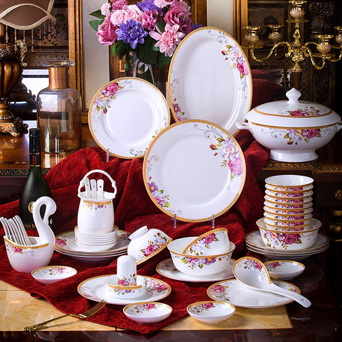 Bone China Dinnerware Set - Colorful Floral Motif & Decorative Rim
