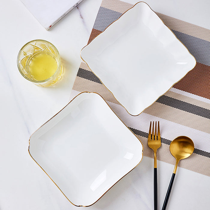Bone China Square Plate with Gold Rim - Scallop or Ribbed Edge
