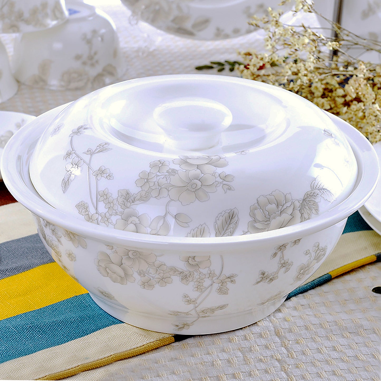 Bone China Dinnerware Set - Floral Motif in Pale Tone