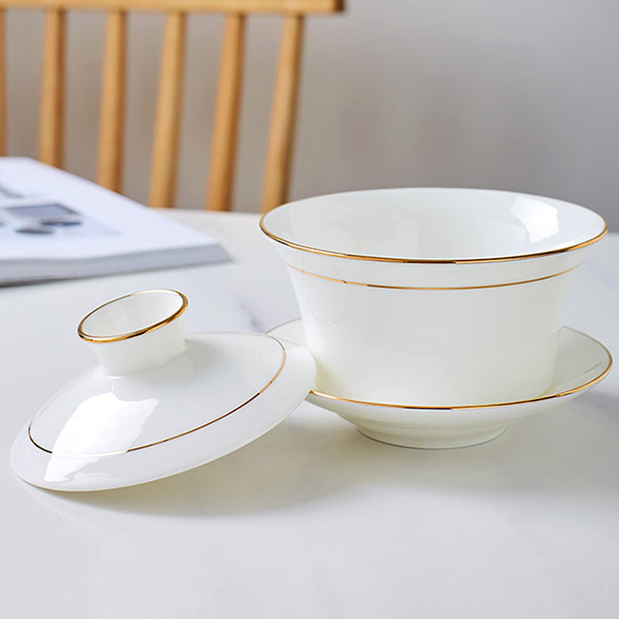 Bone China Gaiwan - White with Gold Rim