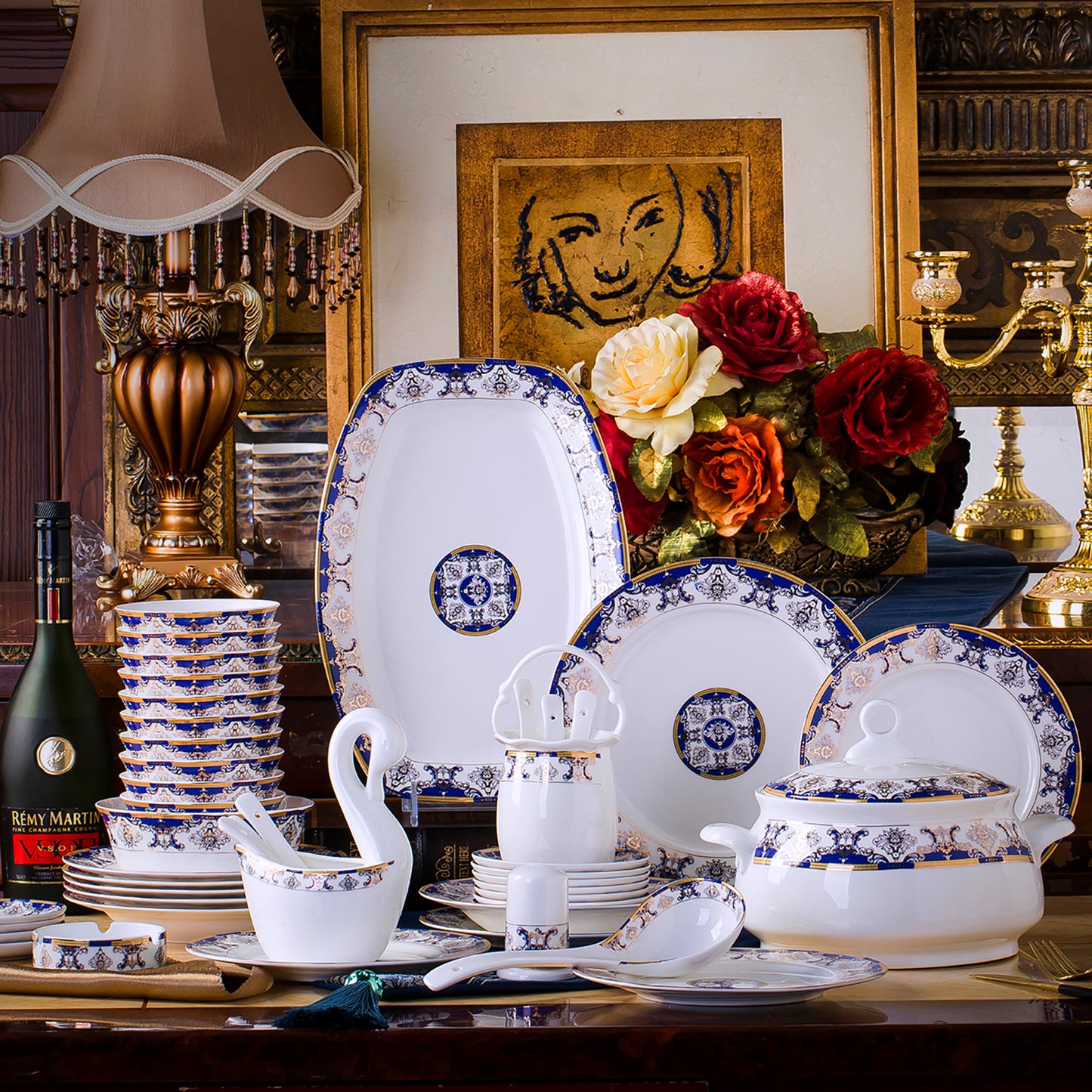 Bone China Dinnerware Set - Gold Inlay of Decorative Motif in Blue