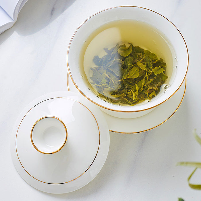 Bone China Gaiwan - White with Gold Rim