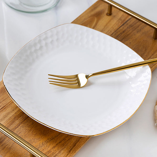 Bone China Square Plate - Golf Shaped Edge with Gold Rim