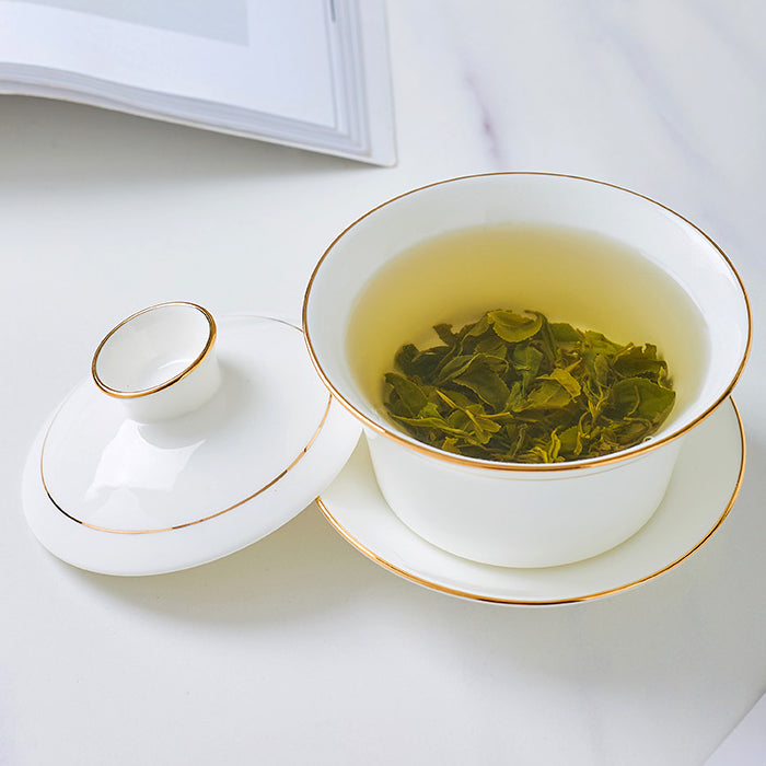 Bone China Gaiwan - White with Gold Rim