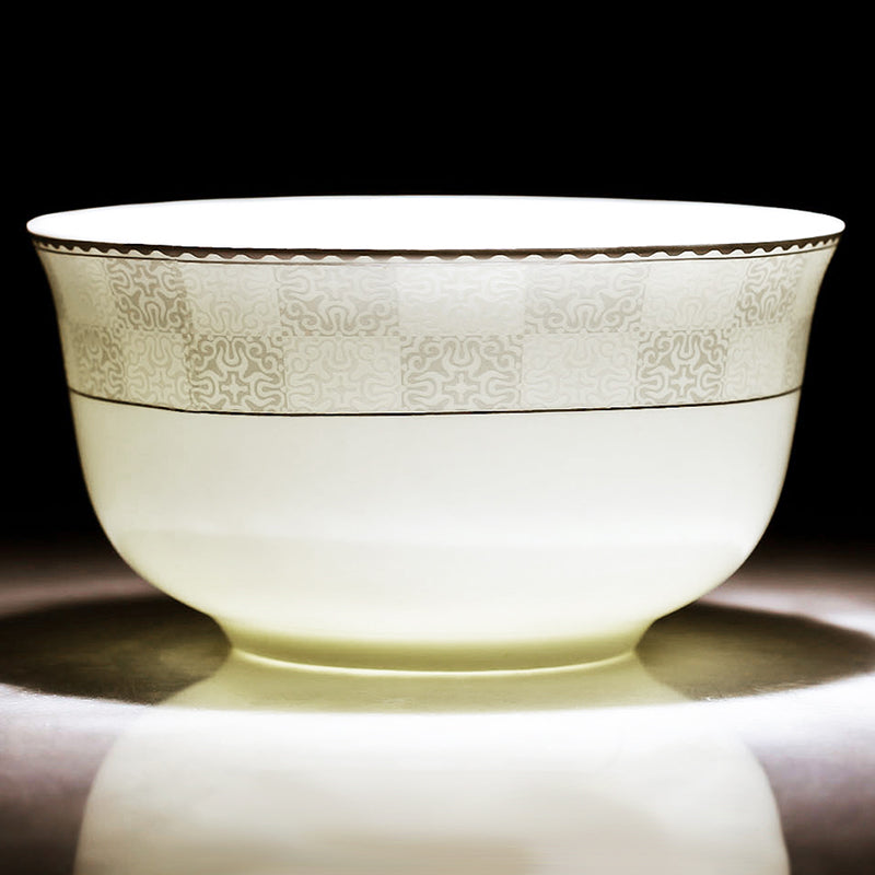 Bone China Dinnerware Set - Silver Decorative Rim & Pale Pattern