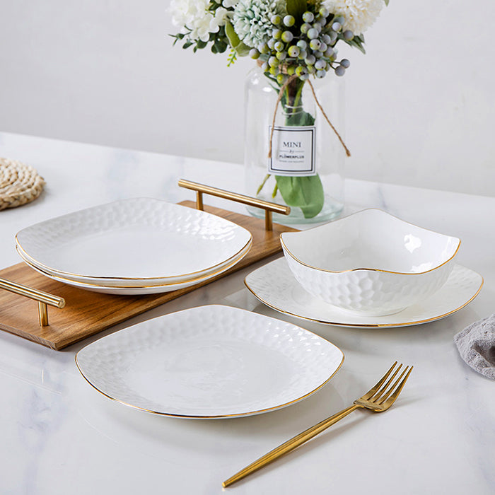 Bone China Square Plate - Golf Shaped Edge with Gold Rim