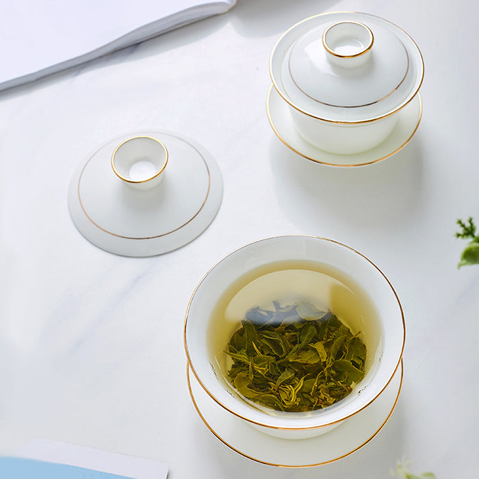 Bone China Gaiwan - White with Gold Rim
