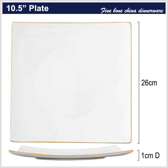 Bone China Dinnerware - Square Plate with Gold Rim