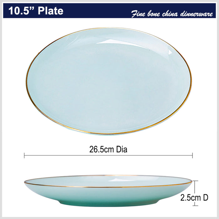 Bone China Celadon Dinnerware - Flat Plate with Gold Rim