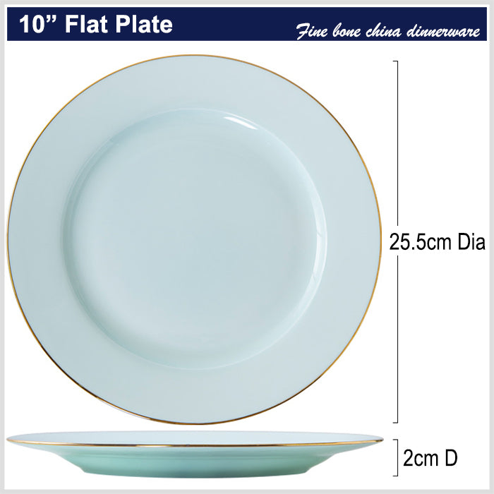 Bone China Celadon Dinnerware - Round Plate with Gold Rim