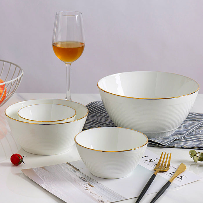 Bone China Round Bowl - Horizontal Ridges & Gold Rim