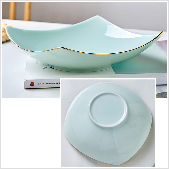 Bone China Celadon Square Plate - Curved Edge with Upward Angles