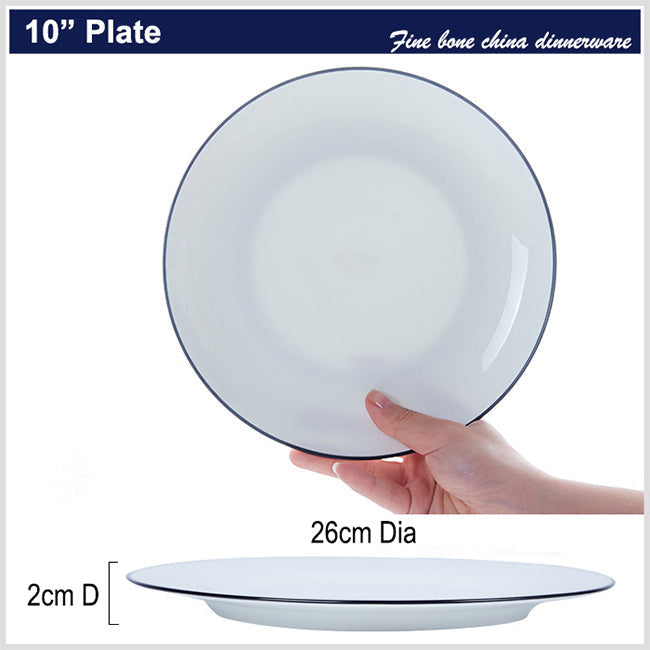 Bone China Flat Plate - White with Black Rim