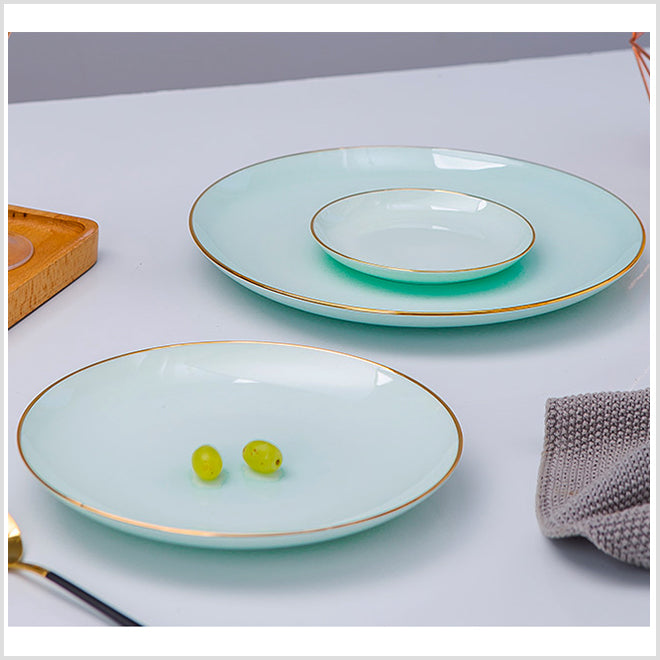 Bone China Celadon Dinnerware - Flat Plate with Gold Rim