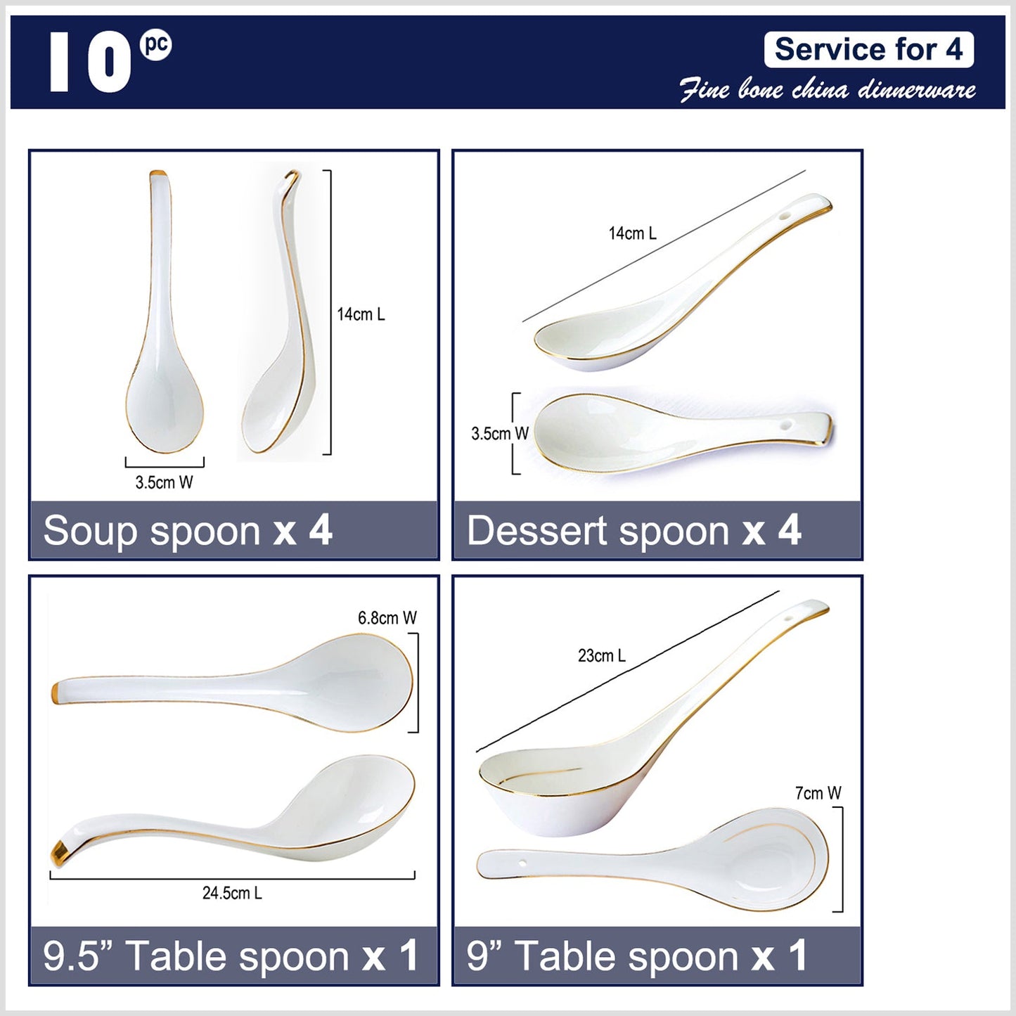 Bone China Spoon Set - White with Gold Rim