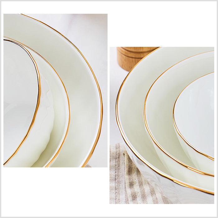 Bone China Ribbed Bowl - White with Gold Rim
