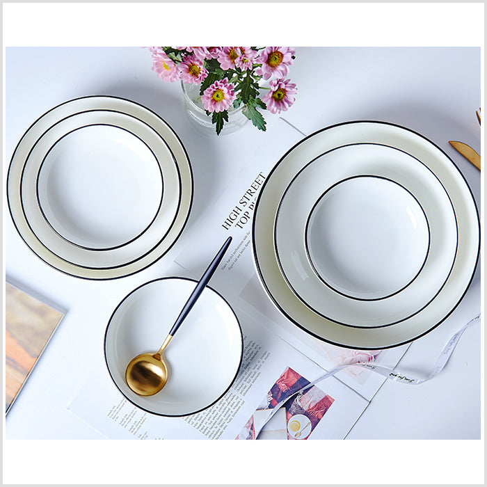 Bone China Round Plate - White with Black Rim