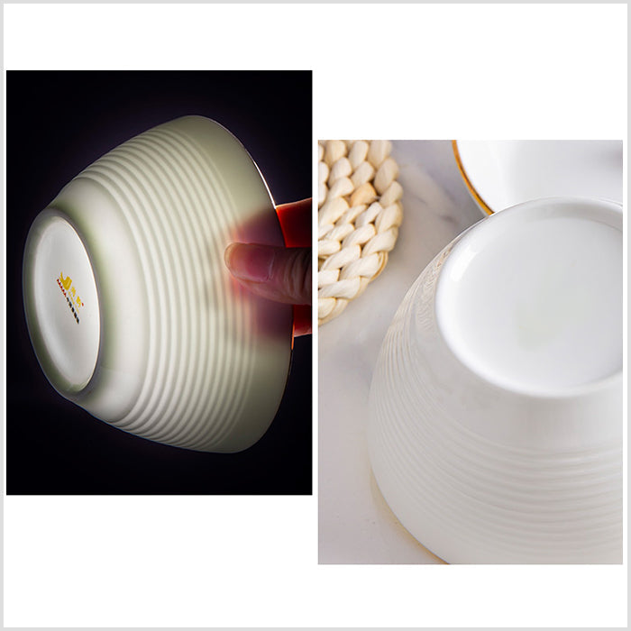 Bone China Round Bowl - Horizontal Ridges & Gold Rim