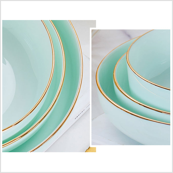 Bone China Celadon Dinnerware - Round Plate with Gold Rim