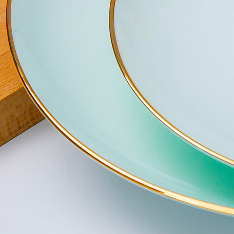 Bone China Celadon Dinnerware - Flat Plate with Gold Rim