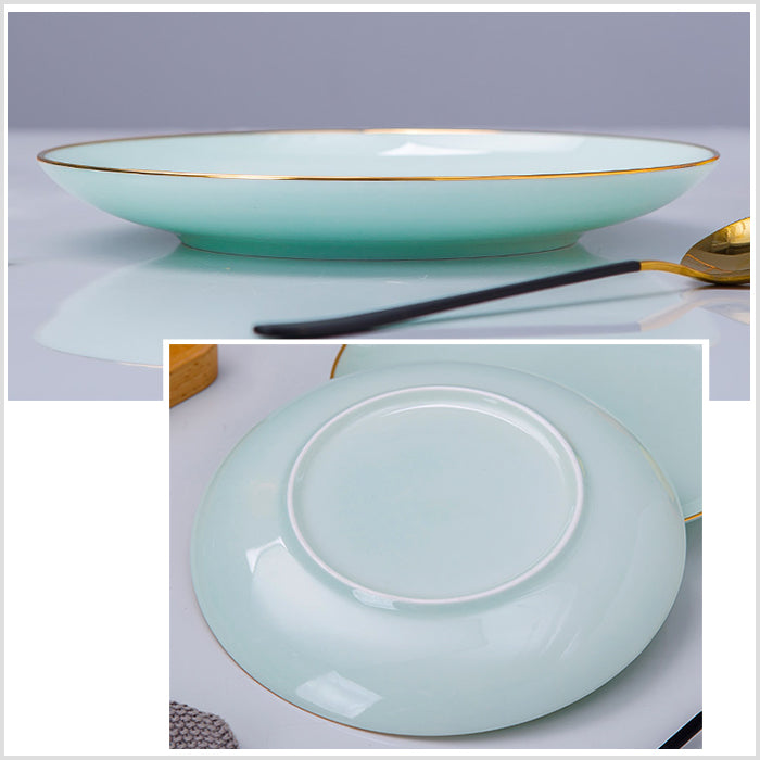 Bone China Celadon Dinnerware - Flat Plate with Gold Rim